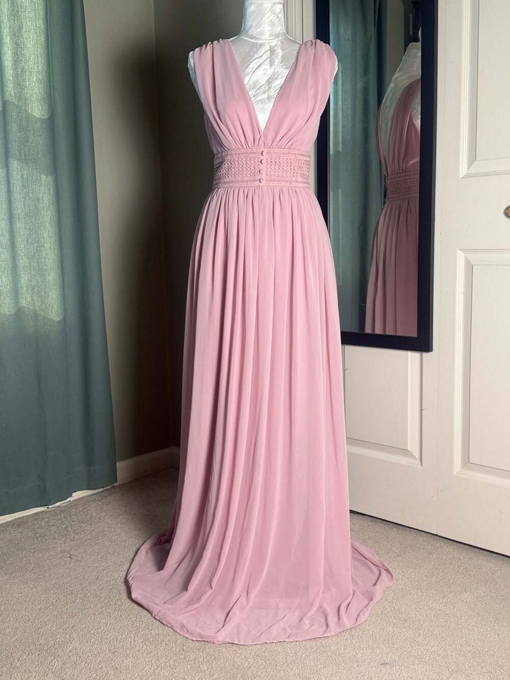 Fashion Nova Mauve Pink Maxi Dress S Plunge V Crochet Waist Romantic Goddess